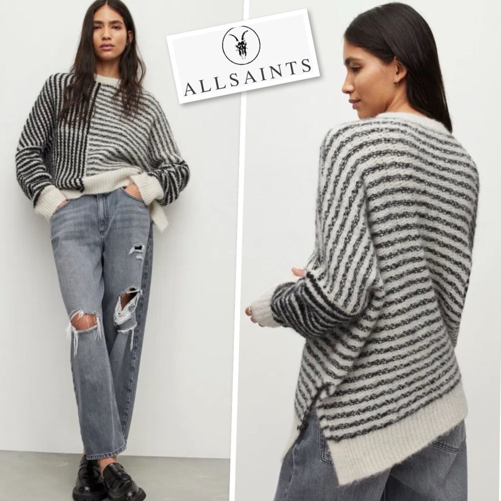ALLSAINTS Selina Asymmetric Striped Chunky Knit Jumper In Black & White Size XS